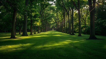 A serene park with rows of tall trees and lush green grass, leading to an empty path under the dappled sunlight.