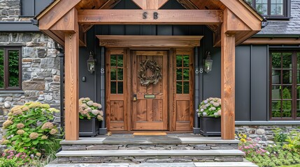 Fototapeta premium Cozy front porch with wooden doors and stone steps.