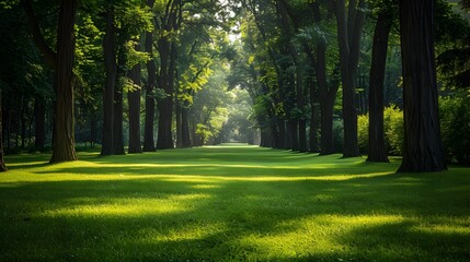 Obraz premium A serene park with rows of tall trees and lush green grass, leading to an empty path under the dappled sunlight.