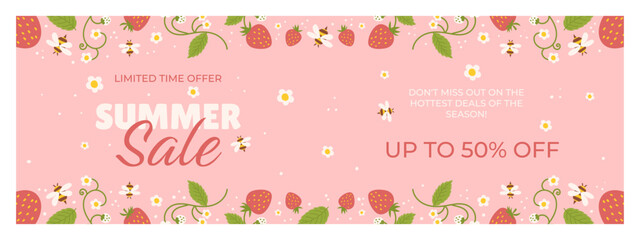 Vibrant summer sale banner with a pastel pink background, decorated with strawberries, white flowers, green leaves, and bees. Central text promotes a limited time offer and up to 50 percent off