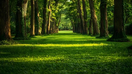 Obraz premium A serene park with rows of tall trees and lush green grass, leading to an empty path under the dappled sunlight.