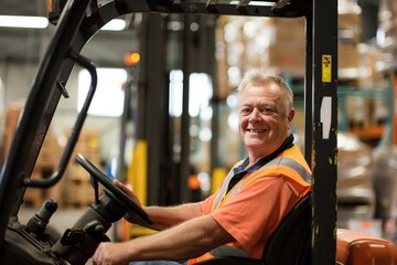A happy worker in an orange hi vis vest is sitting in the forklift's driver seat, smiling at the camera and looking towards it, with a warehouse background.