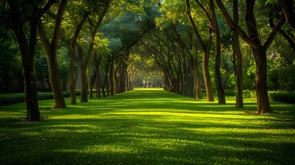 Obraz premium A serene park with rows of tall trees and lush green grass, leading to an empty path under the dappled sunlight.