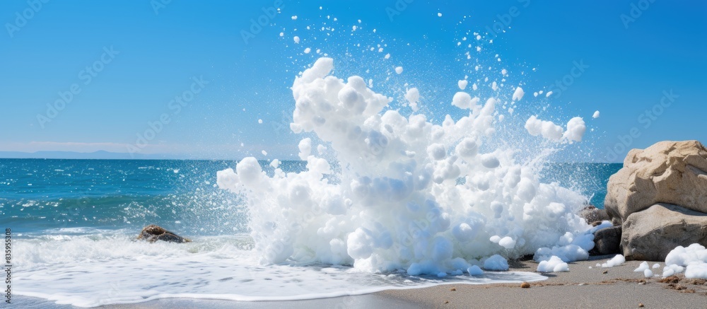 Aufkleber rough white ocean foam crashing on ragged beach rocks. creative banner. copyspace image