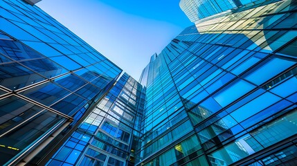 Obraz premium Modern skyscrapers reflecting clear blue sky. Futuristic architecture captured in vibrant colors. Perfect for business themes. AI