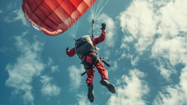 A man in a red suit is flying through the air with a parachute. The sky is blue and there are clouds in the background