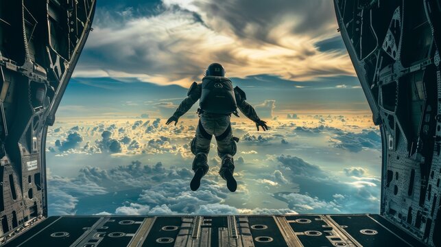 A man in a space suit jumps out of an airplane. The sky is cloudy and the sun is setting