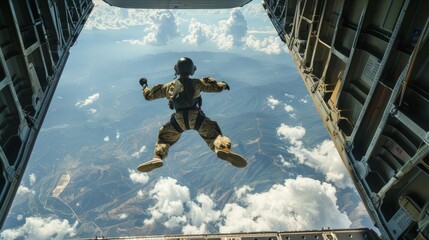 A man in a parachute jumps out of an airplane. The sky is cloudy and the man is wearing a helmet