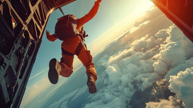 A man in an orange jumpsuit is jumping out of an airplane. The sky is cloudy and the sun is setting