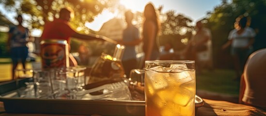 Friends with fridge full of alcohol at party outdoors young people gathering for a picnic carrying alcohol drinks at backyard close up. Creative banner. Copyspace image