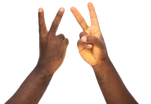 Two black Hands making peace sign gesture over transparent background
