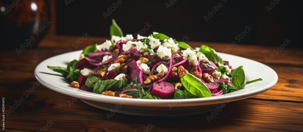 Aufkleber tasty spinach salad with boiled beetroot feta cheese walnut and red onion on wooden table healthy ve