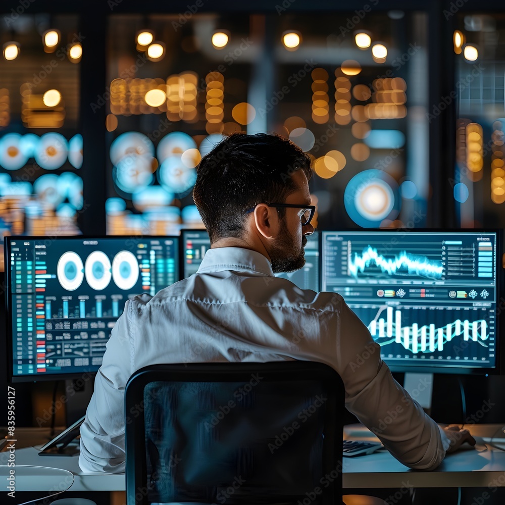 Poster e commerce analytics expert analyzing data and trends on multiple monitors