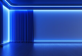 Elegant stage with blue velvet curtains and neon lights.