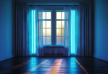 Elegant stage with blue velvet curtains and neon lights.