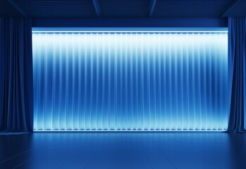 Elegant stage with blue velvet curtains and neon lights.