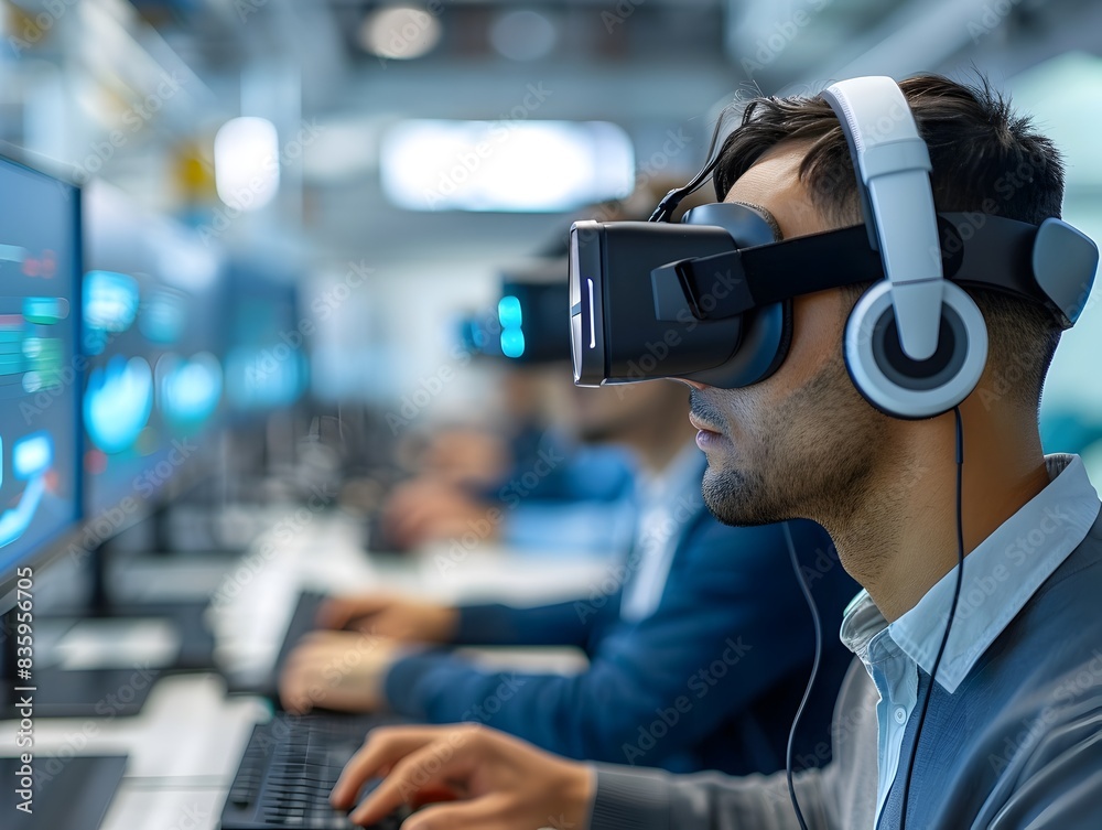 Poster virtual reality developers testing business communication tools in vr lab