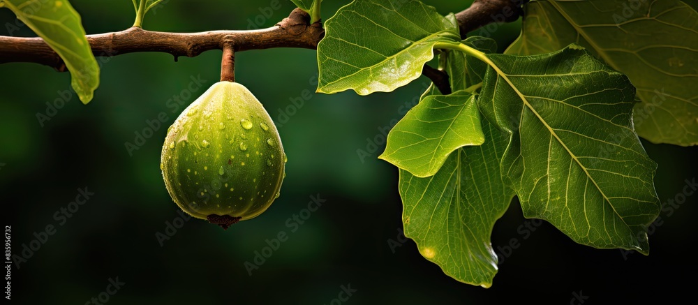 Poster an unripe fig fruit on a tree. creative banner. copyspace image