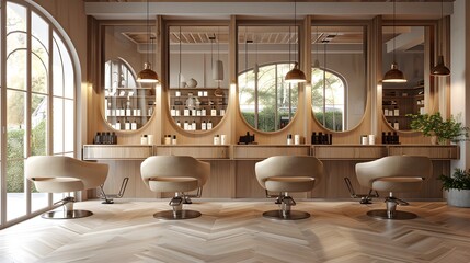 A stylish and modern hair salon interior with beige chairs, mirrors on the wall, wooden accents, large windows for natural light, and an elegant decor.