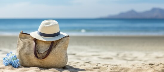 handbag and hat place on beach. Creative banner. Copyspace image