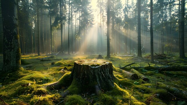 A tree stump surrounded by fallen trees and moss, with rays of sunlight piercing through the misty forest in the background.