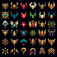 A collection of unique RPG pixel art icons featuring various fantasy elements