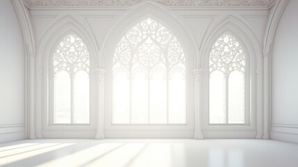 Obraz premium A spacious, well-lit room with a large window and ornate floral carving on the wall.