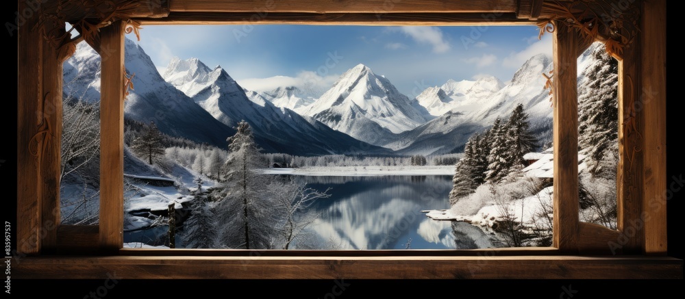 Poster snowcapped mountains and landscape with river through old wooden window from bridge. creative banner