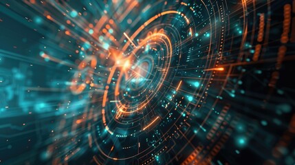 The image is a glowing blue and orange circle surrounded by a grid of hexagons. It is set against a dark background.