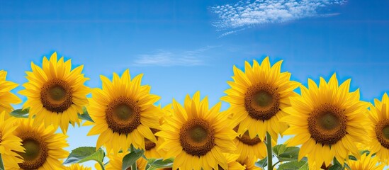 Beautiful sunflowers on a sunny day Two sunflowers on a blue sky background Bright yellow flowers. Creative banner. Copyspace image