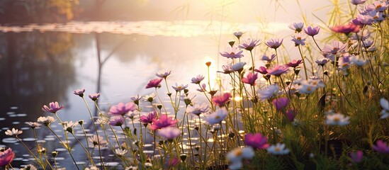 Wild flowers in the morning. Creative banner. Copyspace image