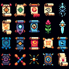 A sprite sheet for an RPG featuring various magic scrolls