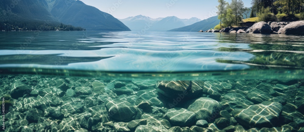 Poster lake with many stones at the bottom and a bigger one immersed. creative banner. copyspace image