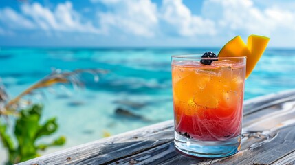 Tropical Mango Blackberry Cocktail On Beachside Table With Clear Blue Ocean And Bright Sunny Sky
