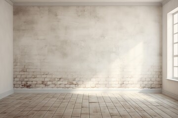 Empty room with white brick wall and wooden floor.