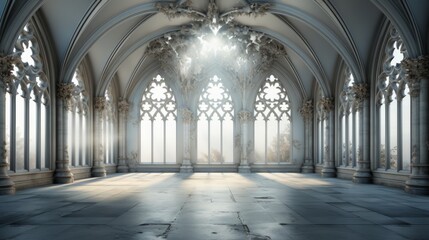 Fototapeta premium A grand Gothic hallway with arched windows and ornate columns, bathed in soft natural light.
