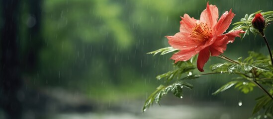 Senggani flower photo in the middle of the forest when it rains. Creative banner. Copyspace image