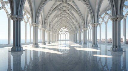A grand Gothic hallway with arched windows and ornate columns, bathed in soft natural light.