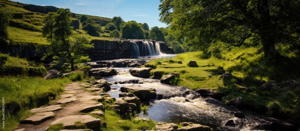 Poster Ingleton Waterfalls Trail is a local circular trail beginning and ending in the village of Ingleton. Creative banner. Copyspace image