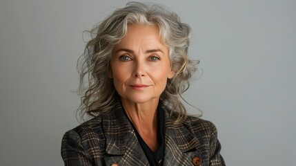 Fototapeta premium portrait of a senior woman to camera standing pose on isolated white background female in suit portrait shot in studio .stock photo