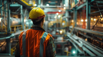 A worker wearing safety gear stands in the foreground, looking over his shoulder at an industrial factory with visible machinery and equipment.
