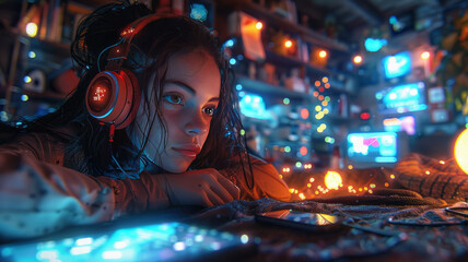 Obraz premium A girl is lying on the couch, wearing headphones, and listening to music,anime style,geneartive ai