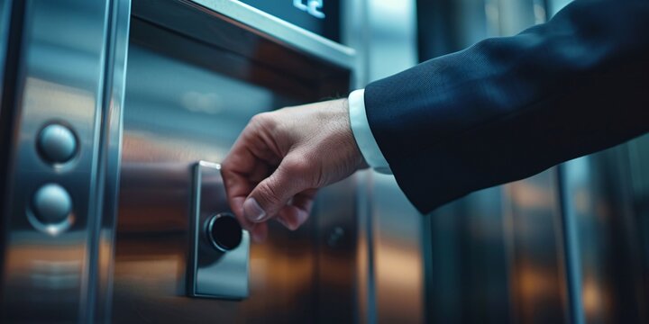 A sophisticated executive in a formal attire pushing a lift button, representing ease and contemporary business culture in a city environment.