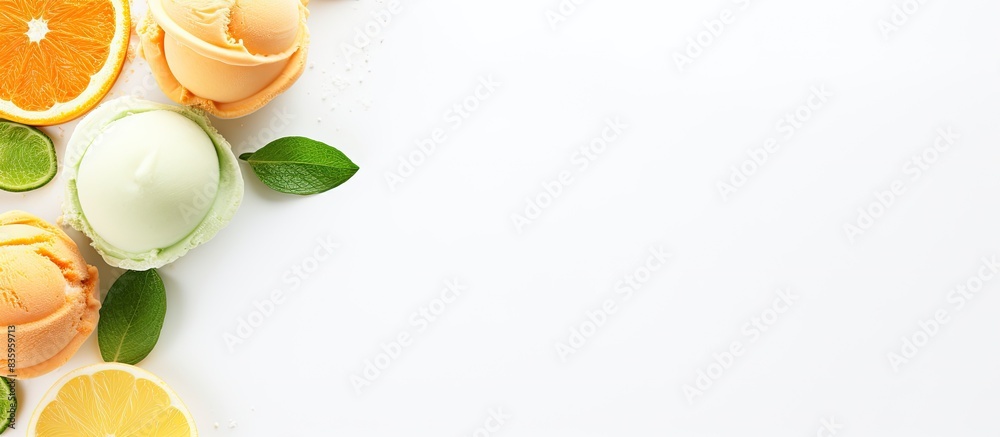 Poster flat lay style of handmade ice cream with lime and orange fruit on white background. creative banner