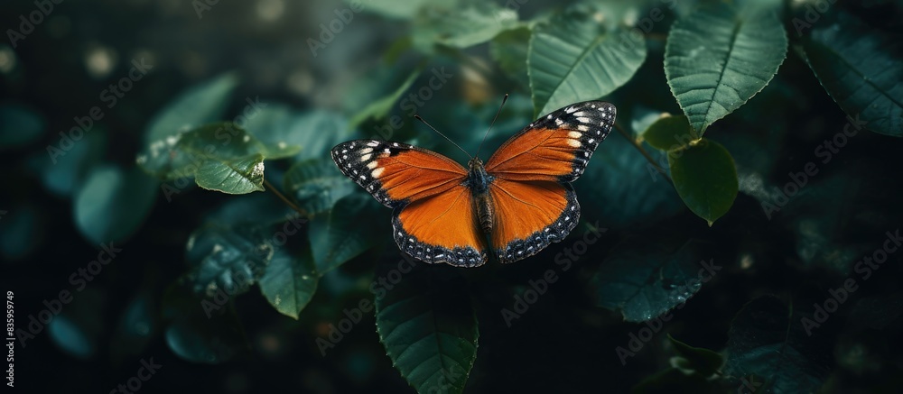 Poster an orange butterfly perched on a leaf with one of its wings torn off. creative banner. copyspace ima