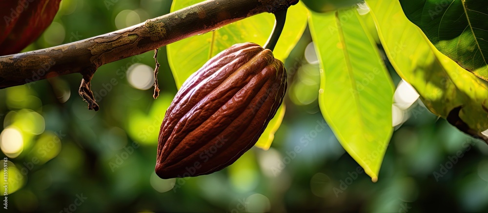 Poster a cacao pod growing on a tree in hawaii. creative banner. copyspace image