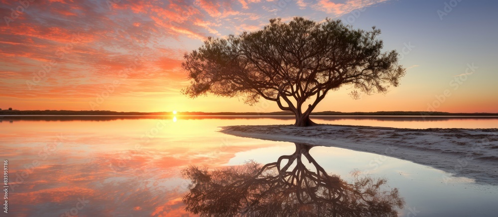 Poster stunning sunrise reflecting in the waters at the yas beach in abu dhabi with a mangrove tree in the 