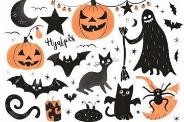 Handdrawn Halloween element set featuring a scary Jackolantern, black cat, bat, ghost, broom, toad, and festive garland on a white background