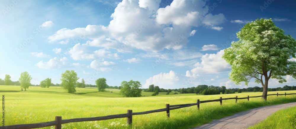 Poster a road with a fence and a field with trees in the background and a blue sky with clouds above. Creative banner. Copyspace image