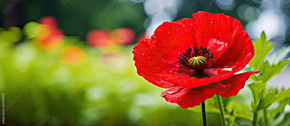Poster red poppy flower macro detail garden botany. creative banner. copyspace image
